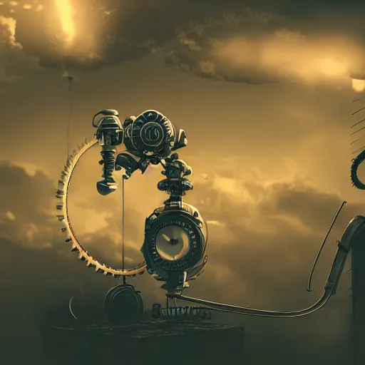 Prompt: a steampunk robotic cat, retro, steam, extremely detailed, particles, cinematic lighting, anime, clouds, sky, lush, beautiful,