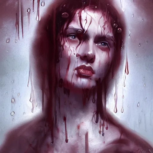 Prompt: shadow of the cross, impudent facial expression of shameless woman, atmosphere of bloody rain, trending on artstation, highly detailed, digital painting, volumetric light, concept art, sharp focus, illustration