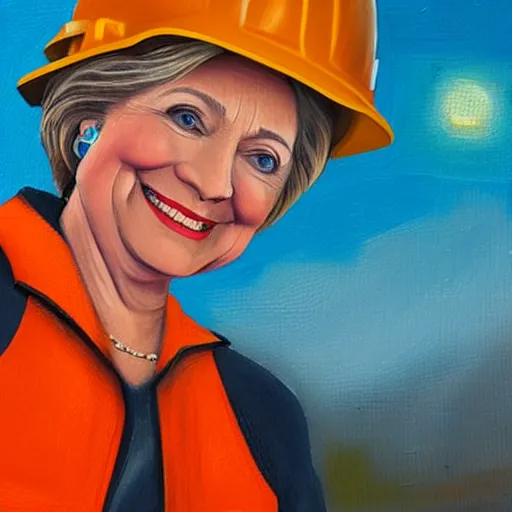 Prompt: stylized oil painting of hillary clinton as a construction worker, wearing an orange safety vest