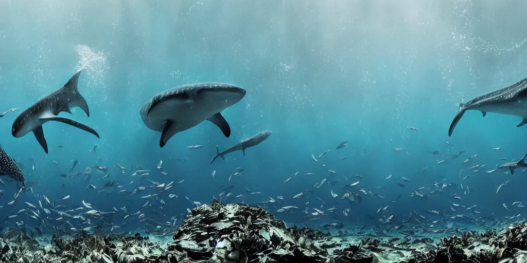 Image similar to hyperrealistic underwater photography, panoramic picture of an ocean floor with in the distance are some whale sharks. focus on the sharks. the sharks are anatomically correct and highly detailed. lots of bubbles. seaweed and some rocks. gloomy scattered light entering from the water surface, trending on artstation, hq, 4 k