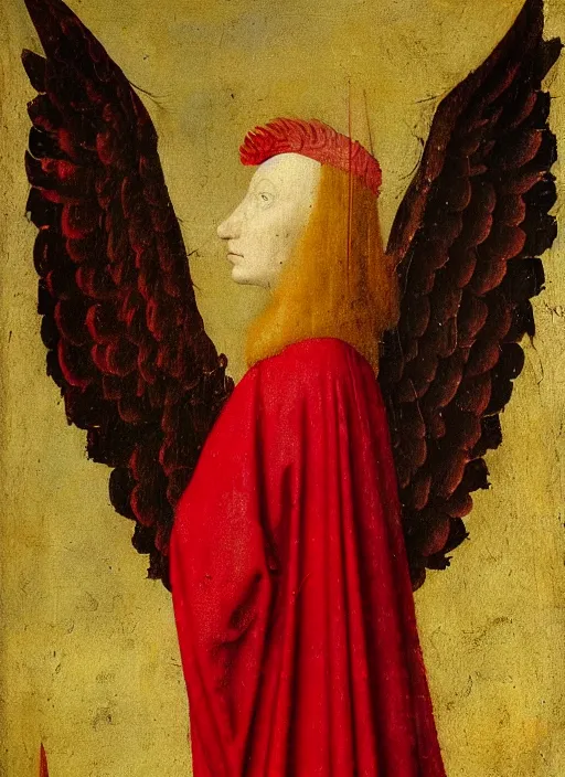 Image similar to fallen angel dressed in red with wings by Jan van Eyck, Hieronymus Bosch, Johannes Vermeer 4k post-processing, highly detailed medieval painting