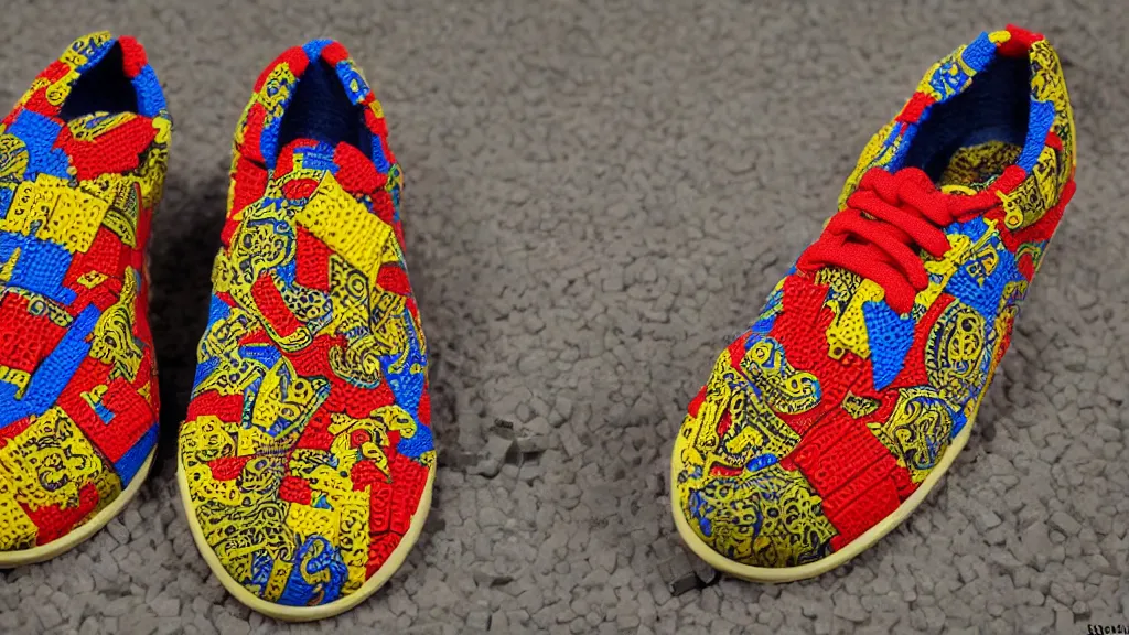 Image similar to sneaker made out of lego, kalamkari