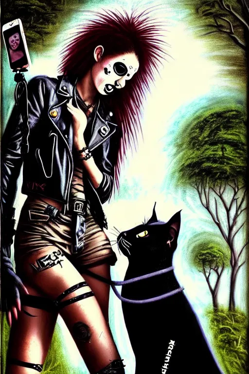 Image similar to punk rock girls kissing and making selfie with black cats in jungle , 1980 style, mad max jacket, post apocalyptic, Cyberpunk, renaissance, Gothic, mystic, highly detailed, digital painting, 4k, fog, oil painting by Leonardo Da Vinci, hyper realistic style, fantasy by Olga Fedorova