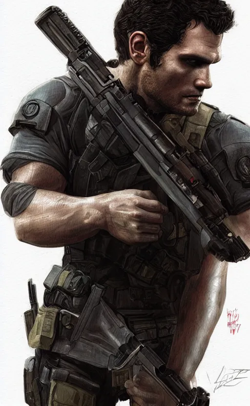 Image similar to portrait of henry cavill as chris redfield, resident evil, pistol, upper body, short sleeve, fantasy, intricate, elegant, highly detailed, digital painting, artstation, concept art, smooth, sharp focus, illustration, art by artgerm and greg rutkowski and alphonse mucha