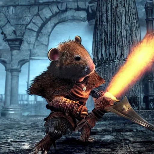 Prompt: a brave hamster in the video game Dark SOuls 3, holding a sword