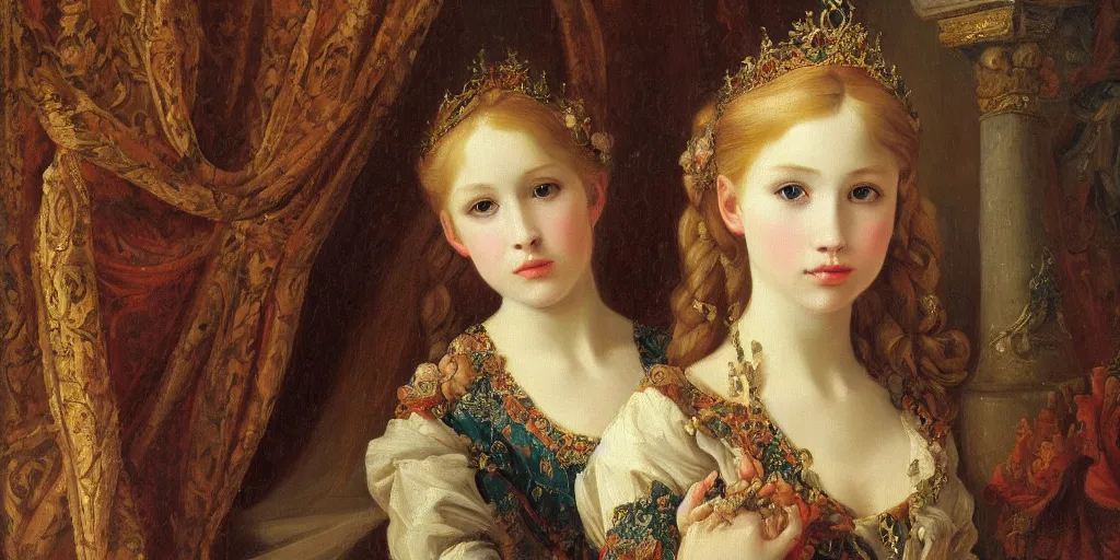 Prompt: painting of a young Russian princess, oil painting, high quality, coherent, 8k, highly detailed, Rococo, Neoclassicism, Romanticism, symmetry, vivid, fancy, elegant