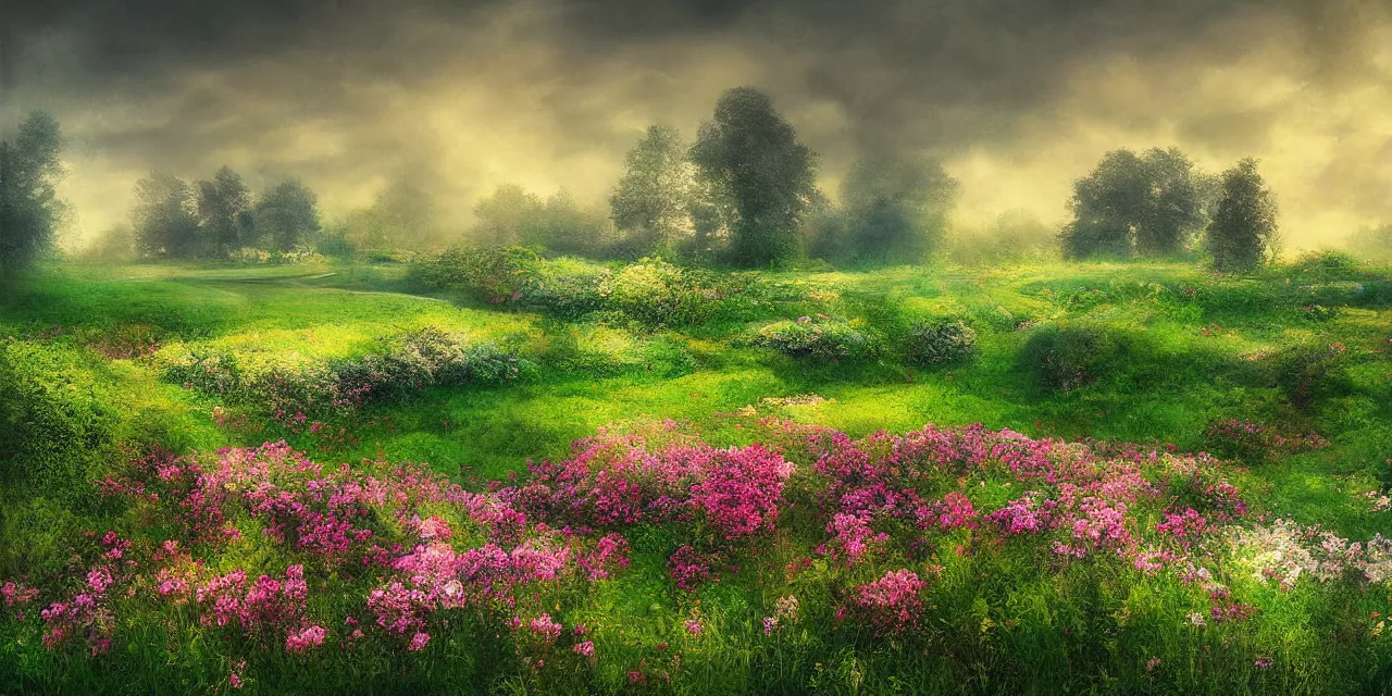 Prompt: a beautiful painting of heaven garden by mikko lagerstedt