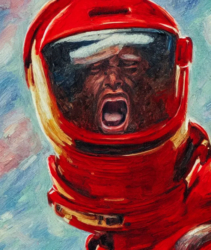 Image similar to a close up portrait painting of a man in a red astronaut suit, screaming and sad, highly detailed, face close up, aesthetic stars in the background, in the style of edward hopper, fine brush strokes, 4 k,