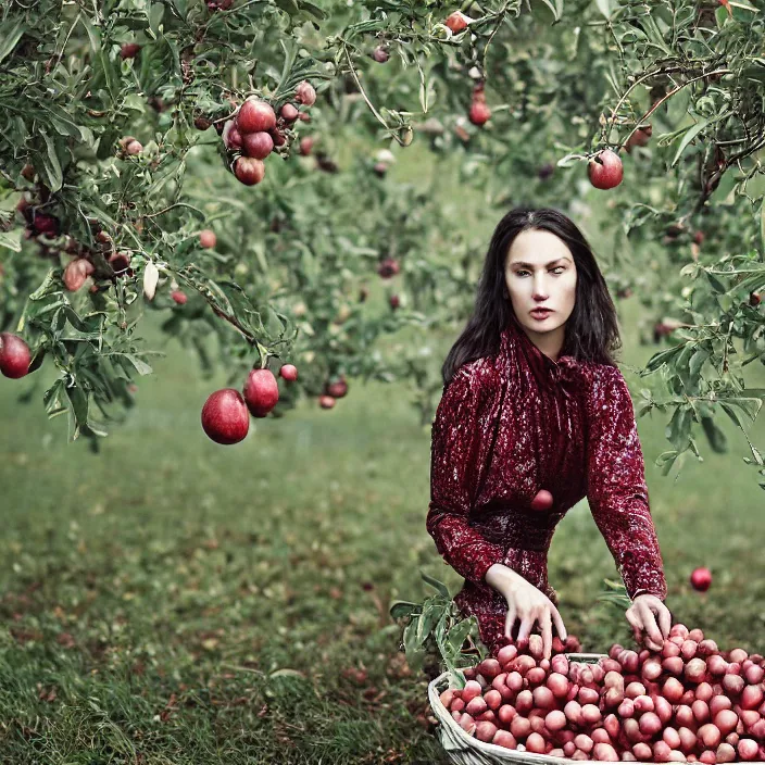 Image similar to a closeup portrait of a woman wearing futuristic material, picking pomegranates from a tree in an orchard, foggy, moody, photograph, by vincent desiderio, canon eos c 3 0 0, ƒ 1. 8, 3 5 mm, 8 k, medium - format print