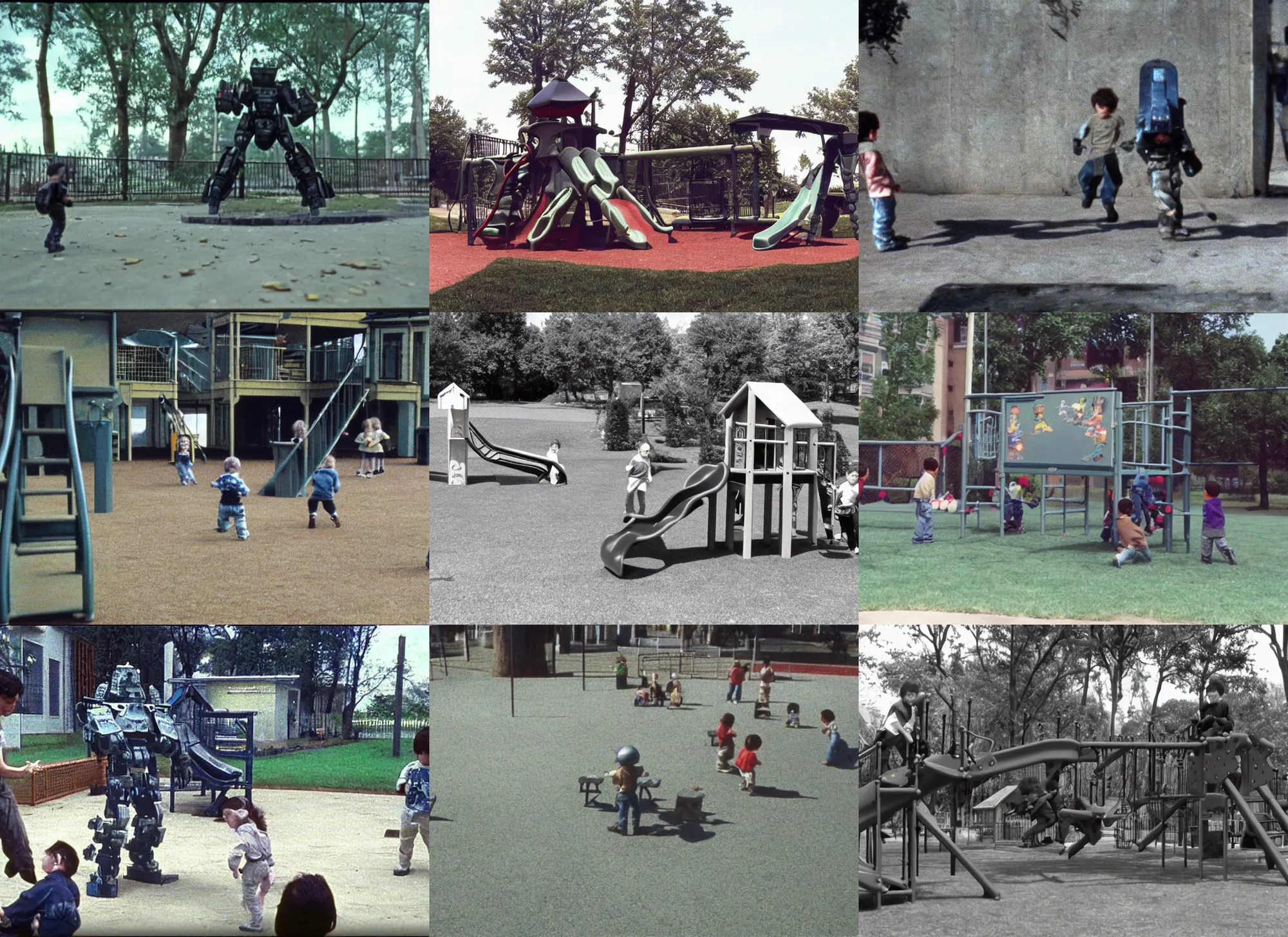 Prompt: home video footage, one small armored core playing in the playground, 1 9 9 0