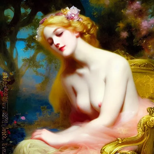 Image similar to blonde beautiful sleeping princess by Franz Xaver Winterhalter and Delphin Enjolras and Rebecca Guay