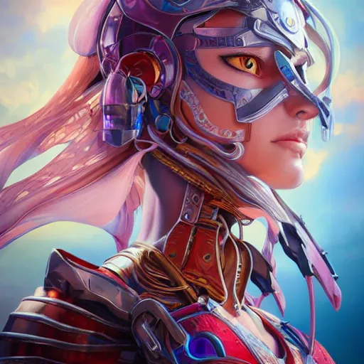 Image similar to studio portrait of lawful good colorful female holy mecha paladin absurdly beautiful, elegant, young sensual graceful woman, ultrafine hyperrealistic detailed face illustration by kim jung gi, irakli nadar, intricate linework, sharp focus, bright colors, matte, octopath traveler, final fantasy, unreal engine highly rendered, global illumination, radiant light, intricate environment