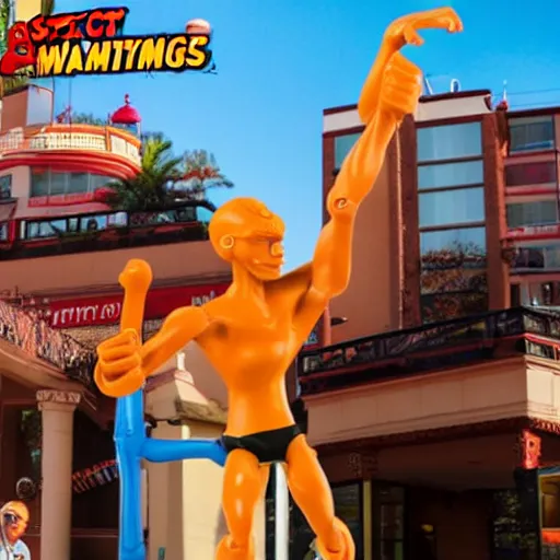 Image similar to action photo, toy called Stretch Armstrong, life size, fighting a dwarf Indian man, golden hour, award winning, wide angle