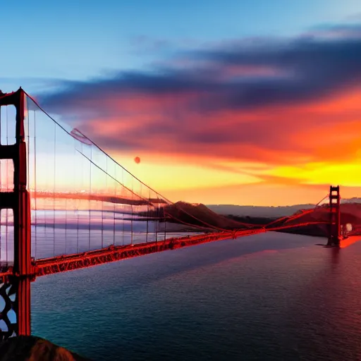 Image similar to golden gate bridge, sunset, dragon flying above