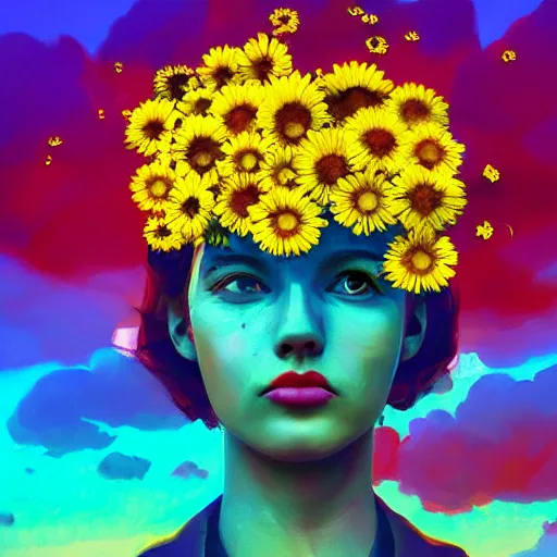 Prompt: girl with a full daisies head, surreal photography, flower field, sunset dramatic light, impressionist painting, colorful clouds, blue sky, digital painting, artstation, simon stalenhag