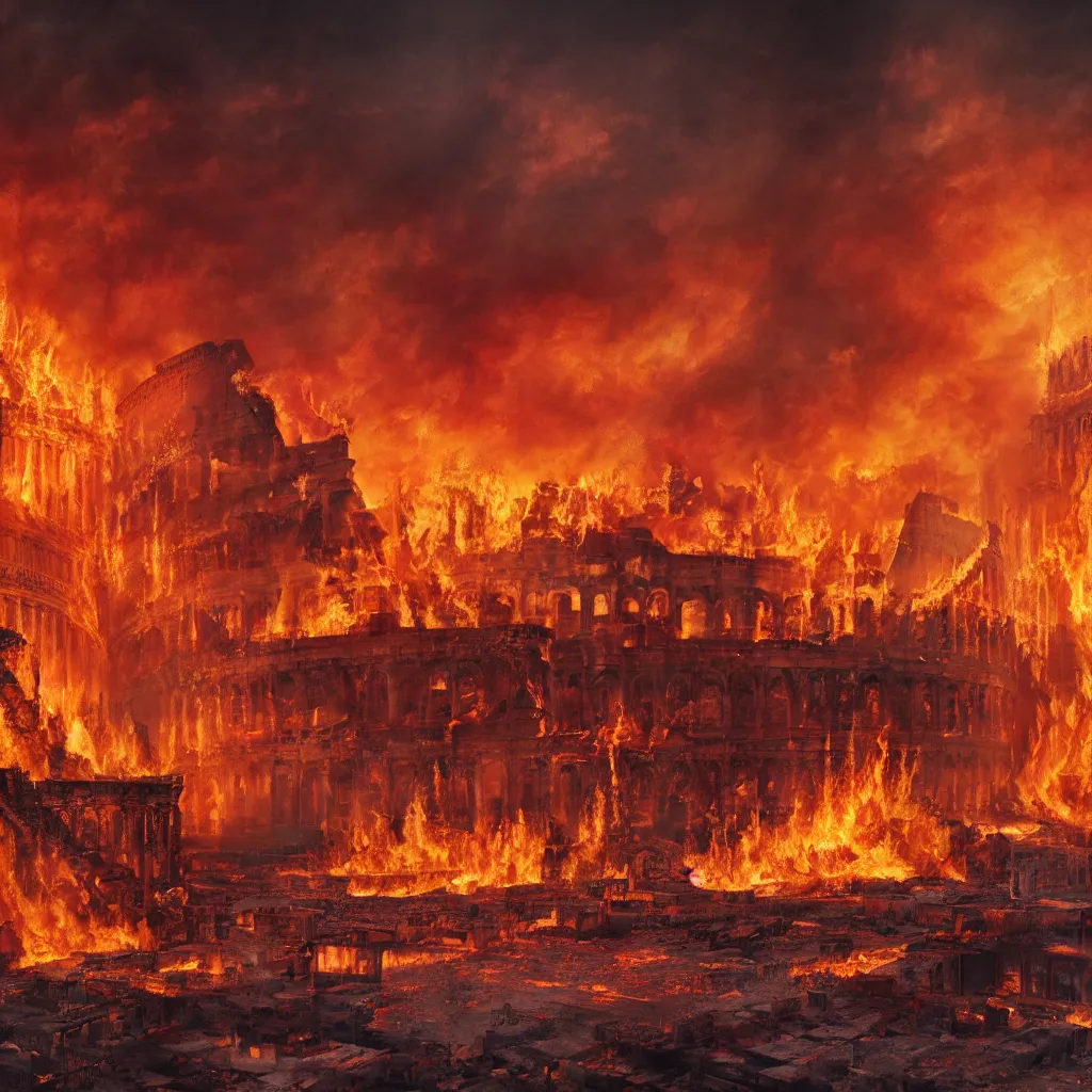 Prompt: painting of the great fire of rome, abstract, realism, 8 k, detailed, terror, octane render, 3 d render, complex, glow, cinematic, emotion