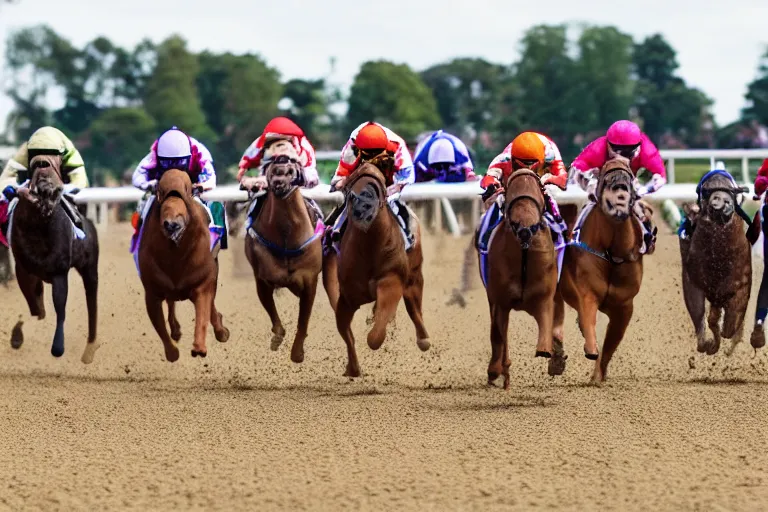 Image similar to an award winning shot a horse racing track with racing bulldogs that are winning the race at the finish line