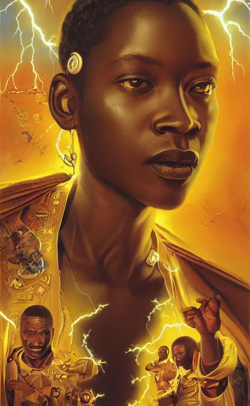 Image similar to upper half portrait of an african in yellow cape - inside a group of clouds - surrounded by bolts of lightning with rays of light emanating from clouds - in drew struzan movie poster style, art by drew struzan & hsiao - ron cheng, highly detailed, digital painting, ray tracing, illustration, smooth, sharp focus, intricate, symmetry, artstation,