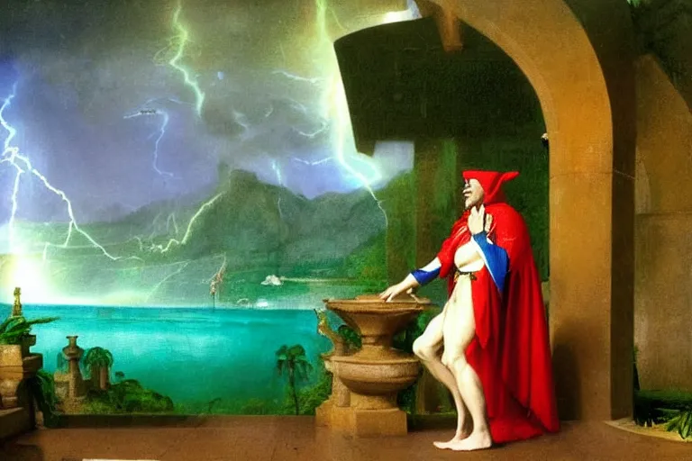 Image similar to Jester knight at the palace of the occult, refracted sparkles, thunderstorm, greek pool, beach and Tropical vegetation on the background major arcana sky and occult symbols, by paul delaroche, hyperrealistic 4k uhd, award-winning, very detailed paradise