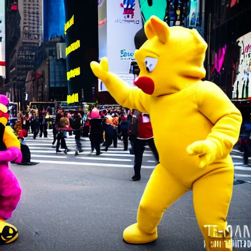 Image similar to An award winning photo, of a Teletubby, in the act of brutally curb stomping a man dressed in a Nazi uniform, in Time Square, NYC. 85mm lens, f1.8.