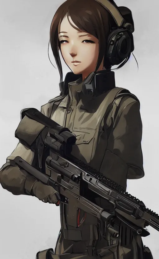 Image similar to highly detailed, high resolution, character design art, stunning, volumetric lightning, realistic guns, girls frontline style, matte, sharp focus, 150mm, illustration, artstation, by kuvshinov ilya, realistic human anatomy, simple design, realistic military gear