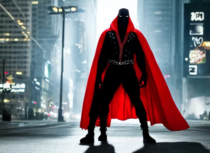 Image similar to film still of michael b jordan as spawn in the new spawn movie, giant chains, large cape, 8 k
