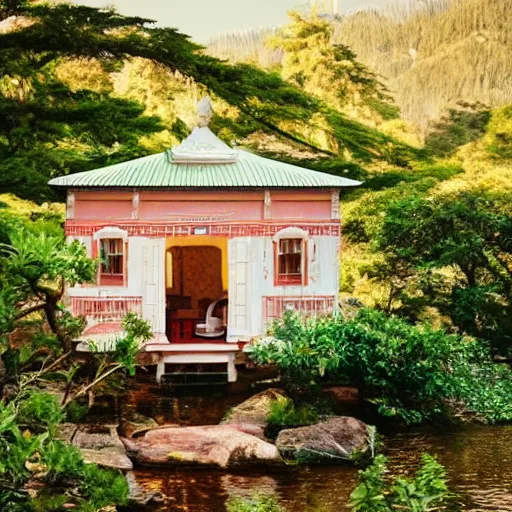 Image similar to a still from a Wes Anderson movie about a magical tea house