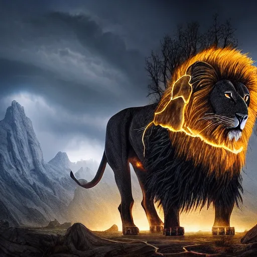 Image similar to black lion's god with fur made from gold lightnings surrounded by epic ancient huge forest and mountains, colossal scale, cinematic shot, hyperdetails, dramatic lighting, by Evgeniy Antonenkov and James Jean