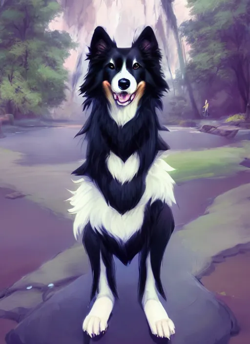 Image similar to wide angle beautiful full body portrait of a cute male anthropomorphic border collie fursona wearing a t - shirt and posing in front of a park, character design by charlie bowater, henry asencio, and ross tran, furry art, furaffinity, scenic background, beautiful, glamor pose, detailed, trending on artstation