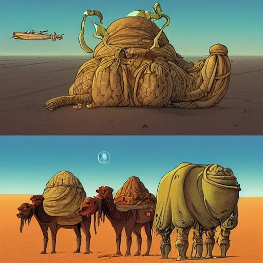 Image similar to several stoner merchants in robes with integrated bong gas mask appliances, trucking bales of herbs across an alien desert with camel-like creatures in tow. Album art by Arik Roper and Jean Giraud