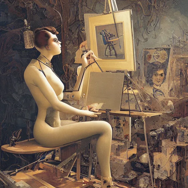 Image similar to robot artist painting a self - portrait on a canvas. intricate, highly detailed, digital matte painting, in the style of alexandros pyromallis, and in the style of hans thoma, and in the style of gil elvgren. irony, recursion, inspiration.