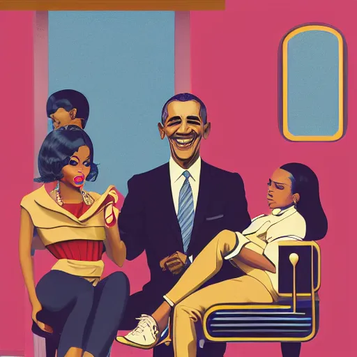 Image similar to illustration of nicki minaj sitting next to barack obama in a 6 0's vintage barbershop, symmetrical, cinematic scene, brownish flat colors, hyper realistic, highly detailed, by miyazaki, monokubo, trending on artstation