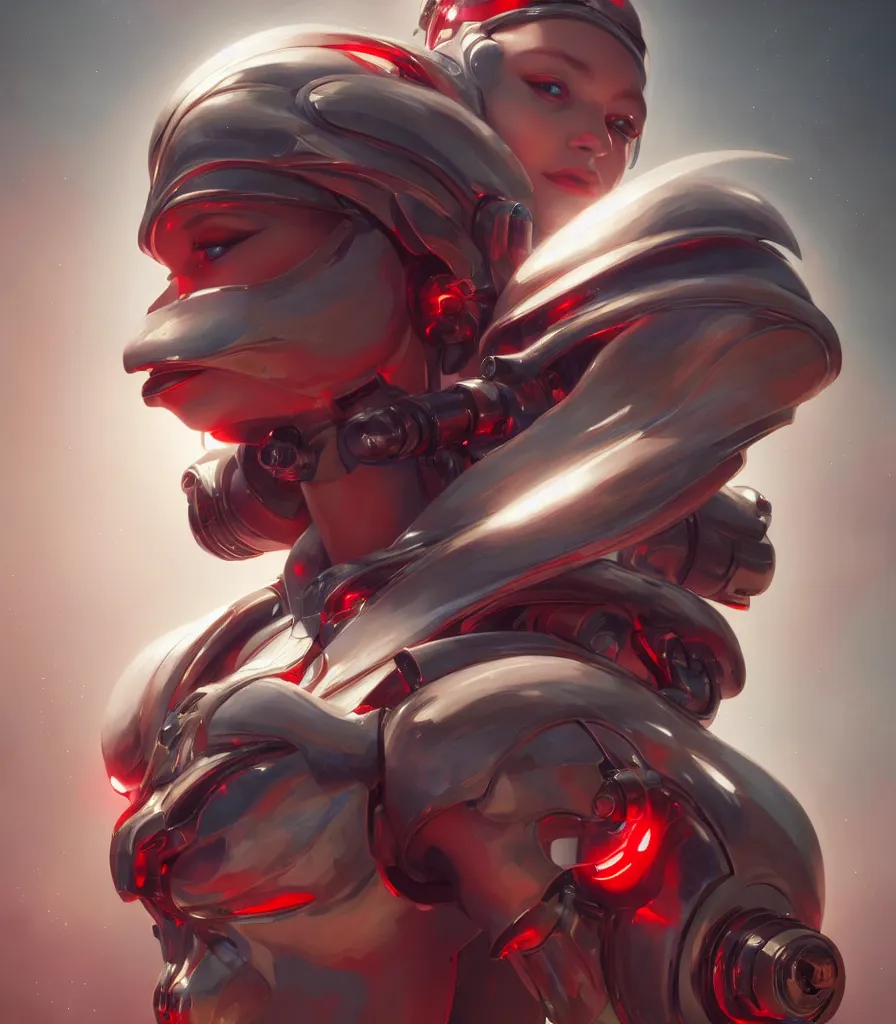 Prompt: a beautiful painting a portrait of cyborg angel, symetrical scene, symetric character, trending in artstation, octane render, red, 8 k, by peter mohrbacher, zaha hadi