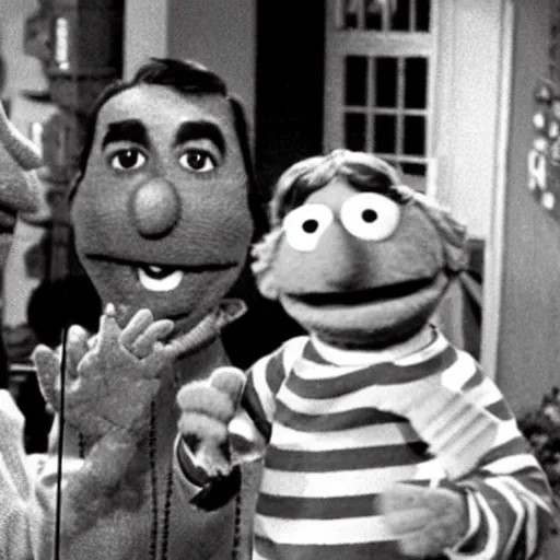 Image similar to bert and ernie playing with human puppets on the set of sesame street