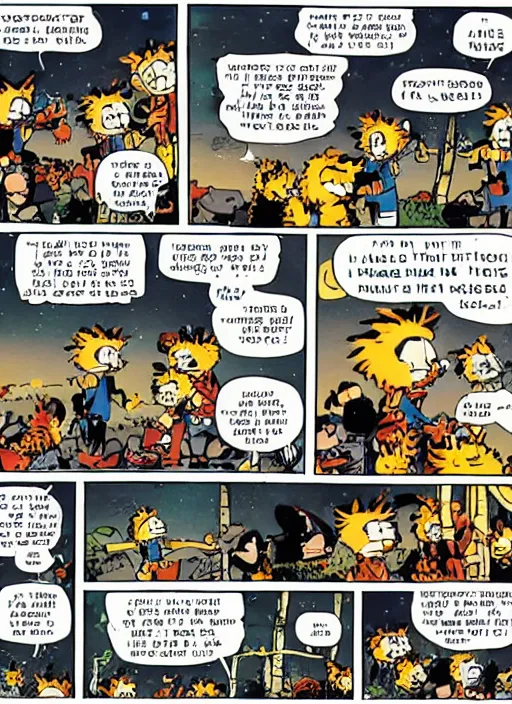 Prompt: a full page full color calvin and hobbes comic about obama and trump