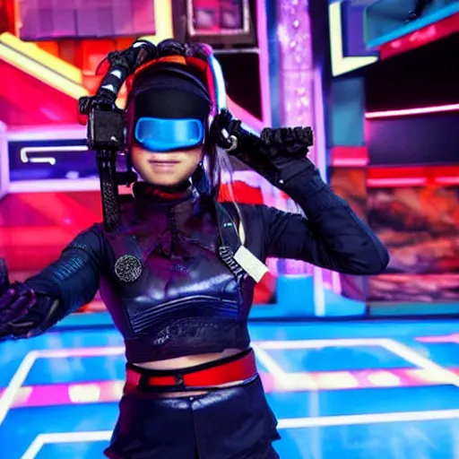 Image similar to photo of a female cyber ninja warrior with high tech weapons