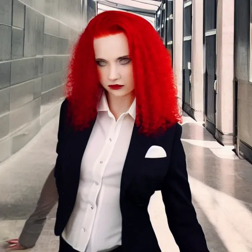 Image similar to photo of a woman with red hair wearing a formal slightly open formal business suit, trending on instagram, full body, ultra - hd, hcl, 1 2 - bit, ar, volumetric lighting, opaque, optics, lumen reflections, vfx, insanely detailed and intricate, super detailed