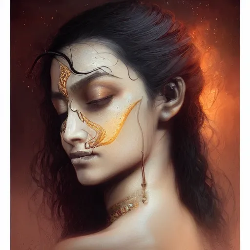 Prompt: portrait of a srilankan woman, dreamy, fantasy, pain, intricate, elegant, highly detailed, digital painting, artstation, concept art, matte, sharp focus, illustration, octane render, unreal engine, art by aenaluck and roberto ferri and greg rutkowski, epic fantasy, digital painting