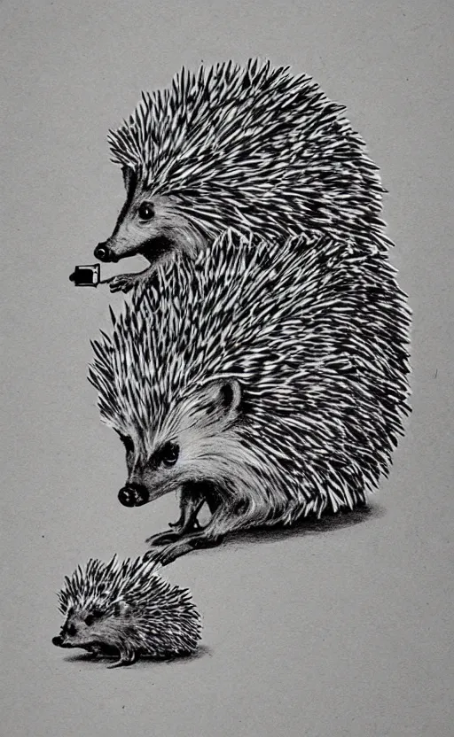 Prompt: sketch of a hedgehog with a pen on a piece of paper,