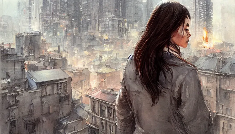 Prompt: woman, city, looking down, street top view, fire by wlop, artgerm, greg rutkowski