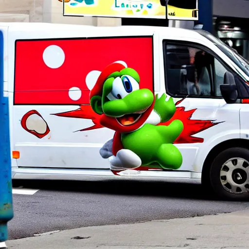 Prompt: yoshi!!!!!!! running from van on city streets