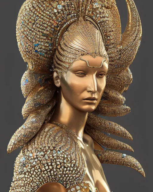 Image similar to a highly detailed metahuman 4 k close up render of an alien goddess bella hadid monument indian sculpture in iris van herpen dress schiaparelli in diamonds crystals swarovski and jewelry iridescent in style of alphonse mucha gustav klimt trending on artstation made in unreal engine 4