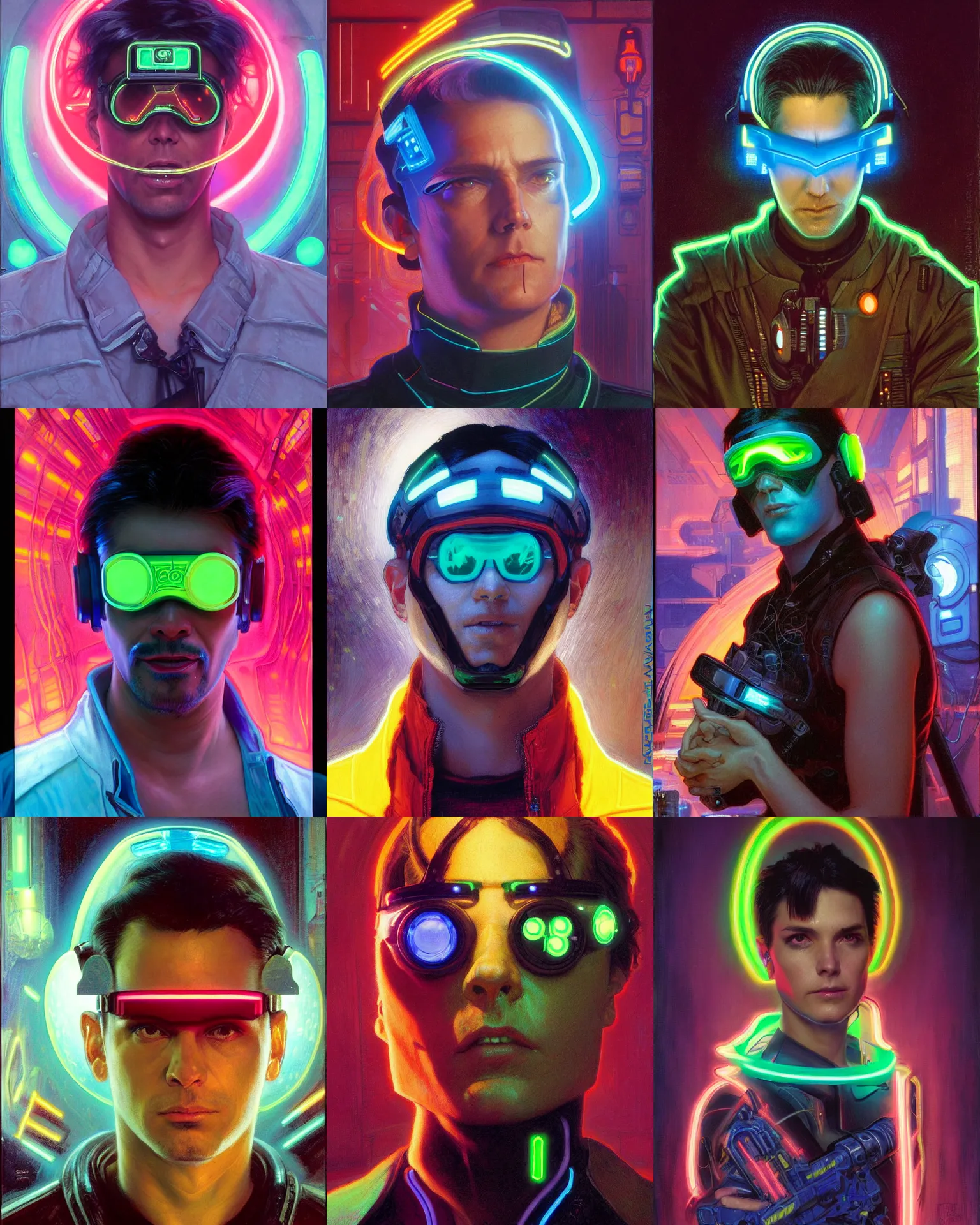 Prompt: neon cyberpunk hacker with glowing geordi visor and headset headshot portrait painting by donato giancola, kilian eng, daniel f gerhartz, hayao miyazaki, alphonse mucha, mead schaeffer fashion photography