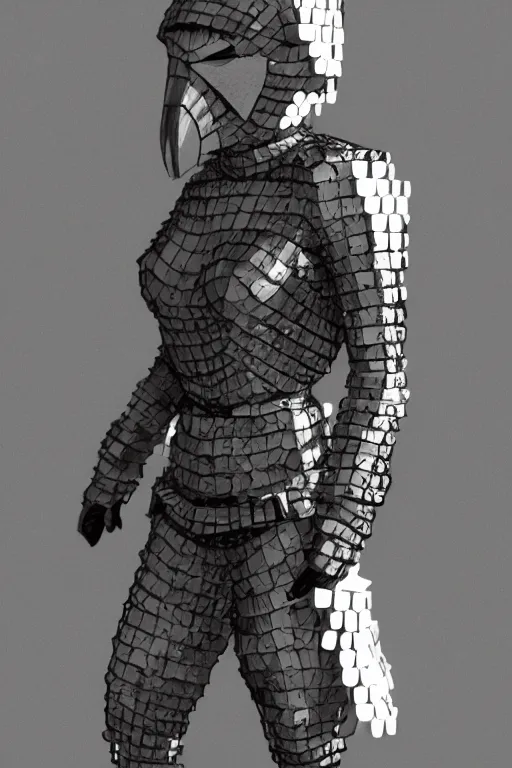 Image similar to female adventurer in tight full - body sticky note chainmail - style armor made out of several hundred sticky notes and a white porcelain crow mask, trending in artstation, japanese, artstation, establishing shot