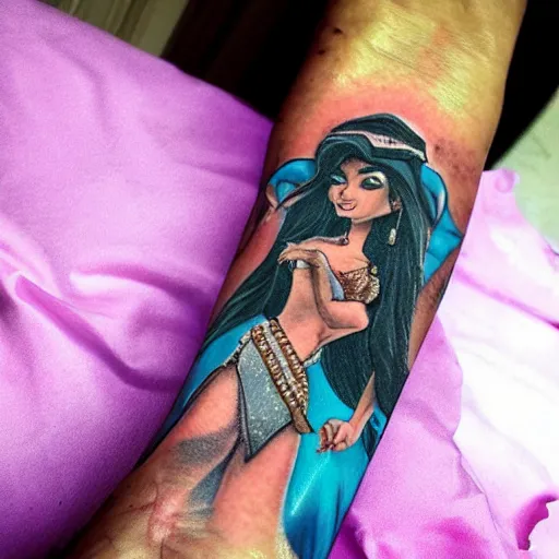 Image similar to princess jasmine as an instagram influencer, tattoos, photorealism, high detail,