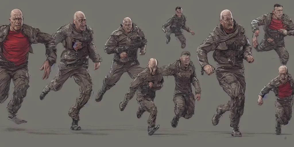 Image similar to cartoonish bruce willis running, by geert goilis, vivid colors, character sheet, fine details, concept design, contrast, kim jung gi, greg rutkowski, trending on artstation, 8 k, full body, turnaround, front view, back view, ultra wide angle