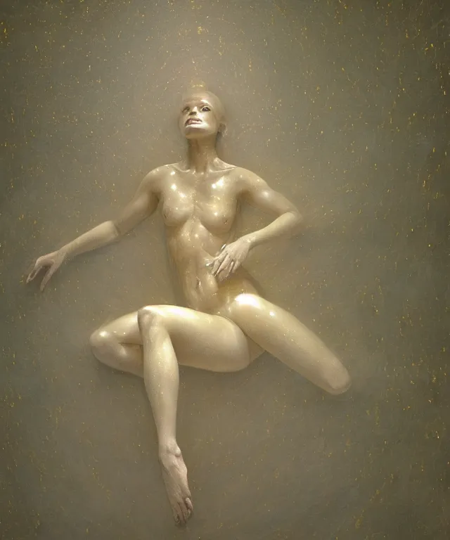 Image similar to Beautiful full-body wax sculpture of glowing transparent woman with visible gold bones covered with melted white wax inside the singularity where stars becoming baroque folds of dark matter by Michelangelo da Caravaggio, Nicola Samori, William Blake, Alex Grey and Beksinski, dramatic volumetric lighting, highly detailed oil painting, 8k, masterpiece