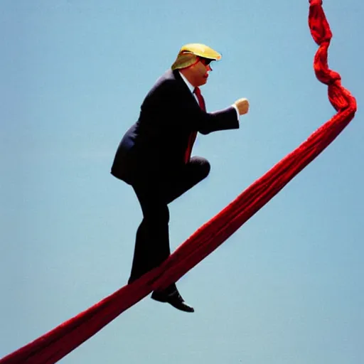 Prompt: Donald Trump, climbing a twenty foot tall red necktie, angry, press photo