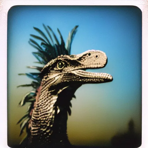 Prompt: blurry polaroid picture of a feathery dinosaur, 8K, HD, highly detailed, high quality