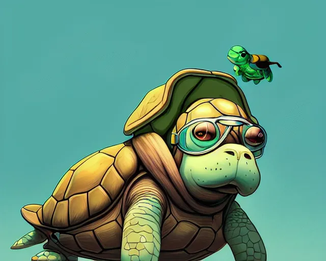 Image similar to cell shaded cartoon of an adorable turtle with a bulldog's head wearing goggles, concept art by josan gonzales and wlop, by james jean, victo ngai, david rubin, mike mignola, deviantart, art by artgem